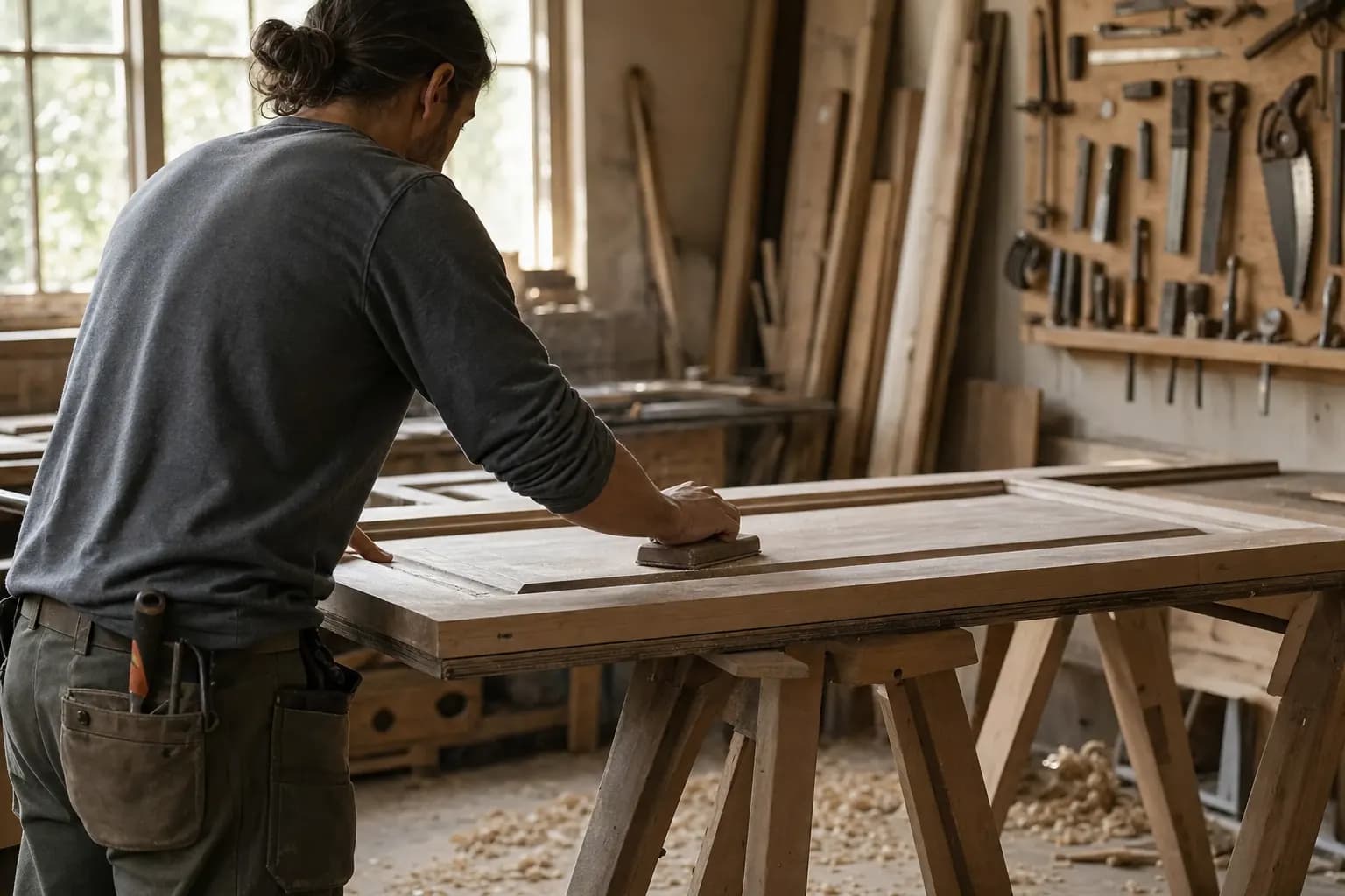 Artisan au travail, photographié de dos dans son atelier