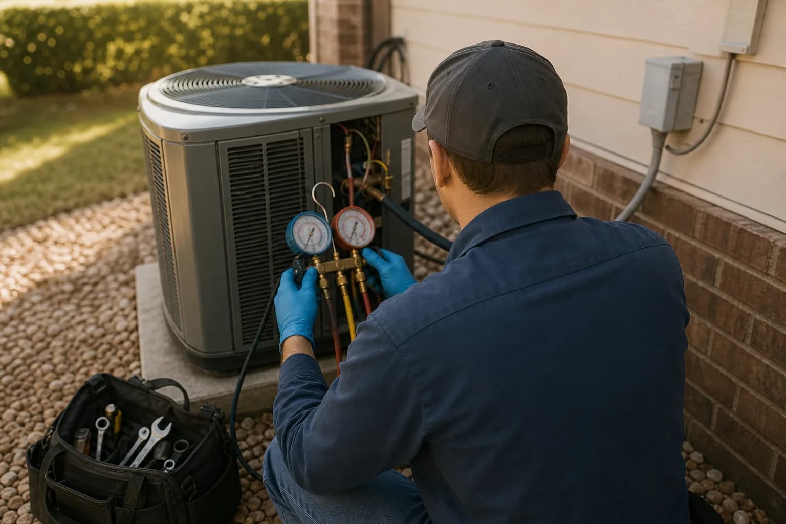 An HVAC technician's van open at the curb with a condenser beside a house, gauges and toolbox in bright summer light, technician facing away.