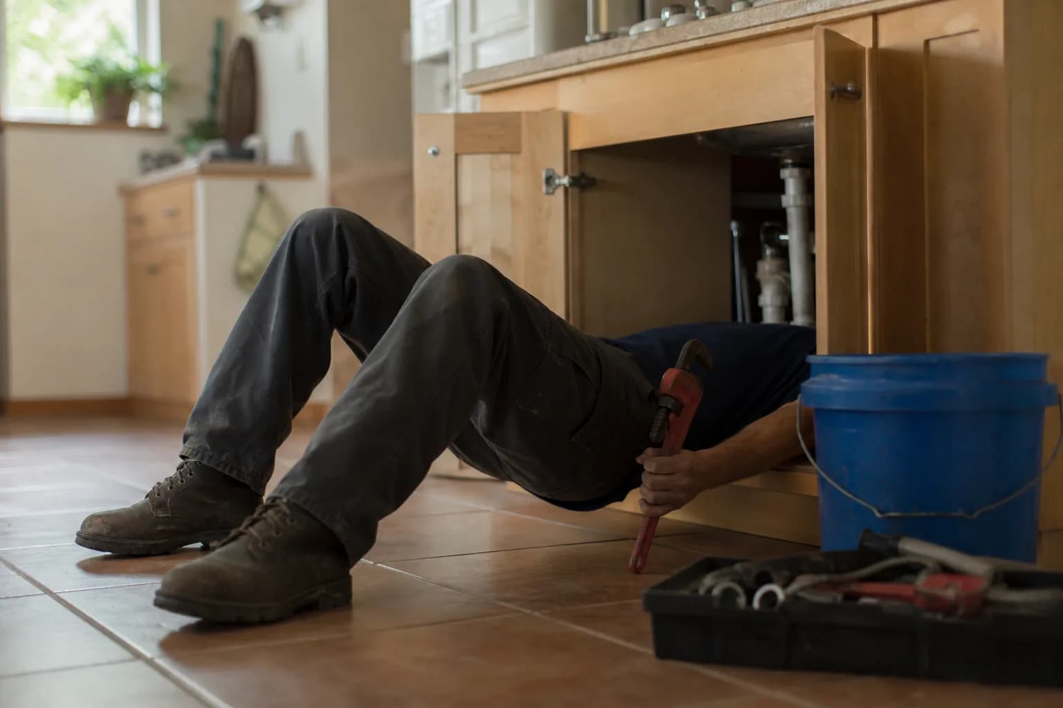 Plumber's hands and forearms under a kitchen sink, holding a wrench and flashlight beside an open cabinet.