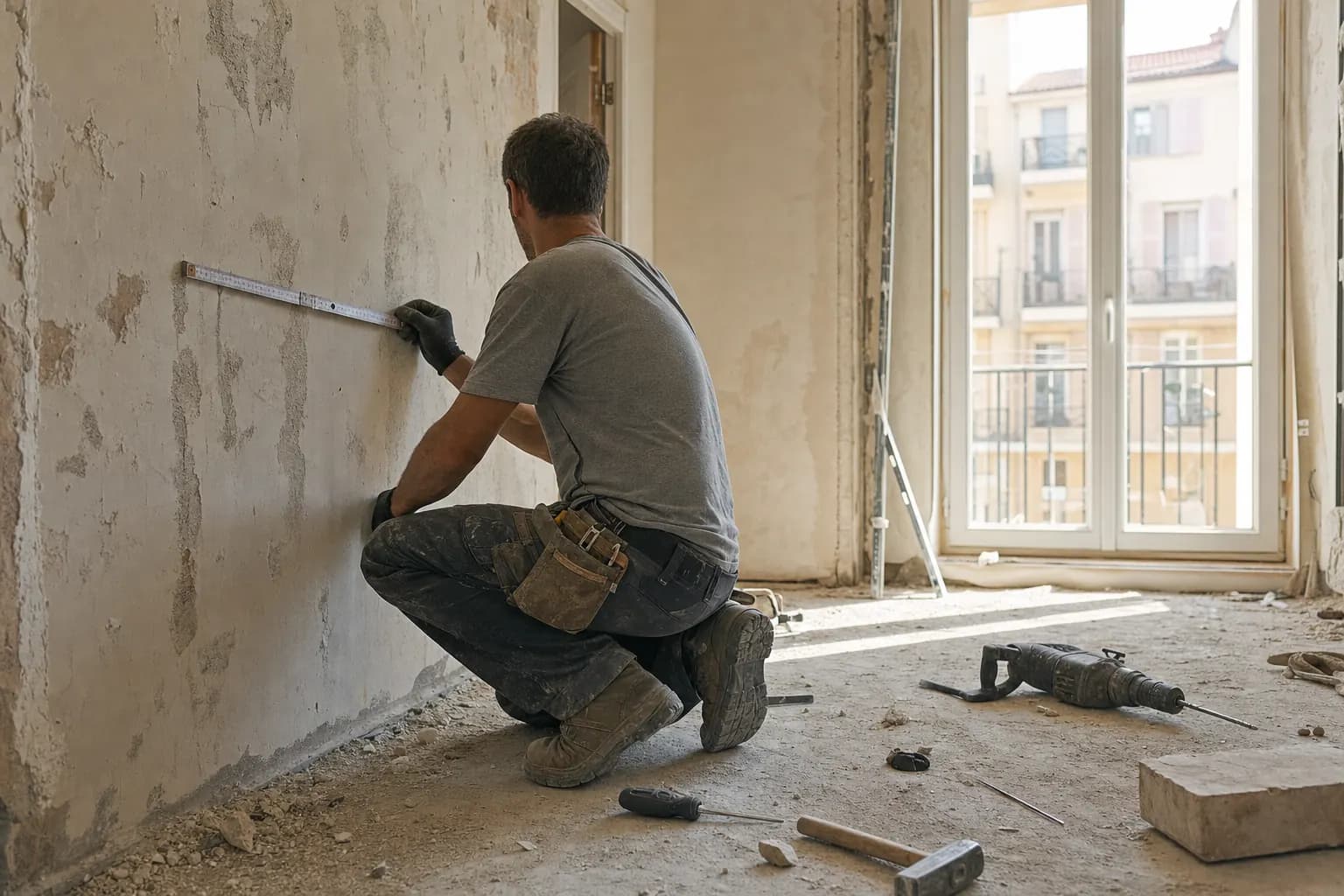 Profesional de reformas visto de espaldas mientras trabaja en una renovación interior