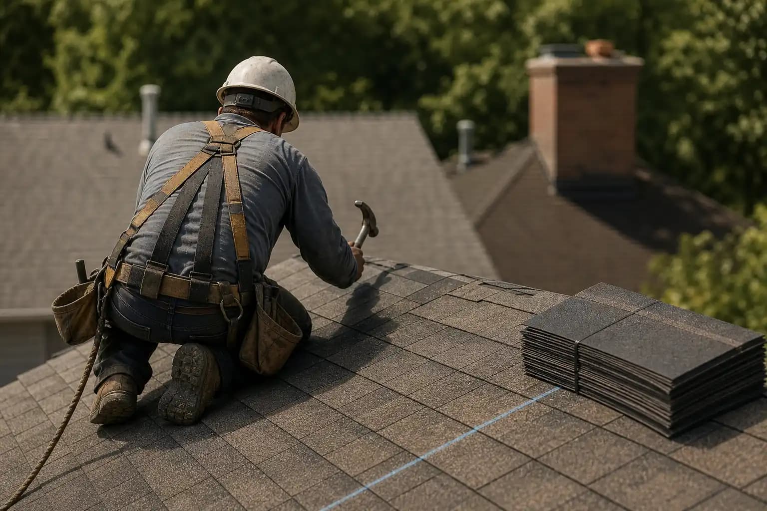 Roofer seen from behind on a home roof with a tool belt, stacked shingles, ladder edge, and late afternoon light.