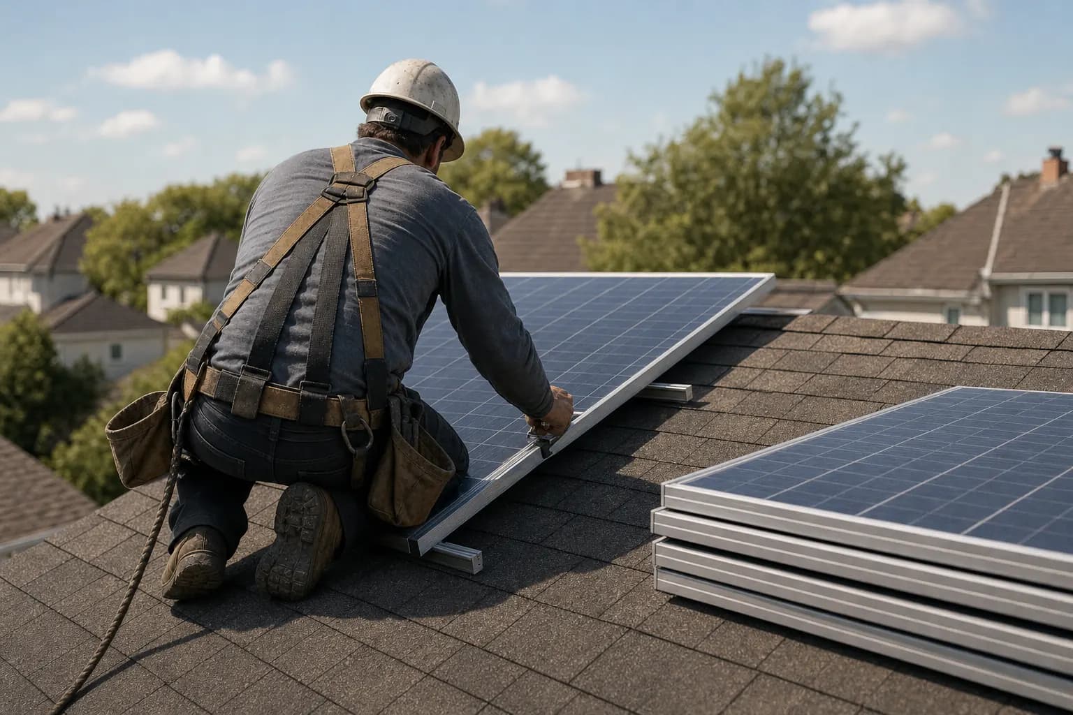 PV-Installateur von hinten bei der Arbeit an einer Solaranlage auf einem Hausdach